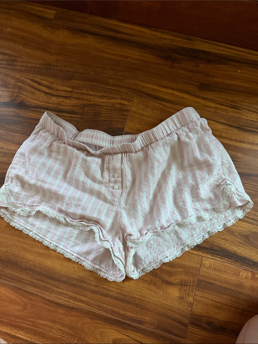 Victoria's Secret Pink and White Striped Lace-Trim Sleep Shorts